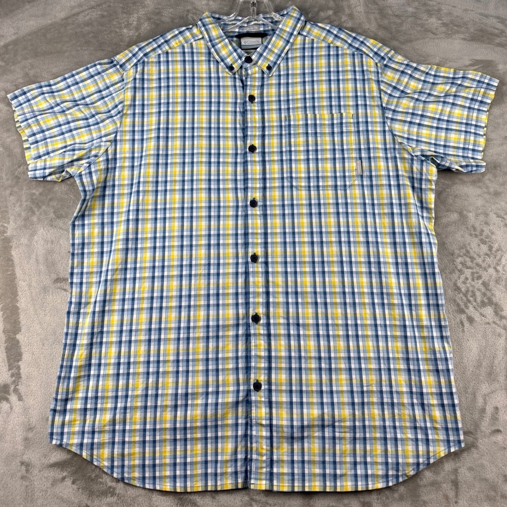 Columbia Button-Down Shirt Regular Fit Mens XL Blue Yellow Plaid Short Sleeve